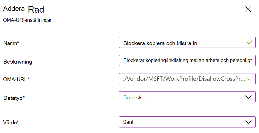 Skärmbild av en inställning i en Microsoft Intune anpassad arbetsprofil som blockerar kopiering och inklistring för personligt ägda Android Enterprise-enheter.