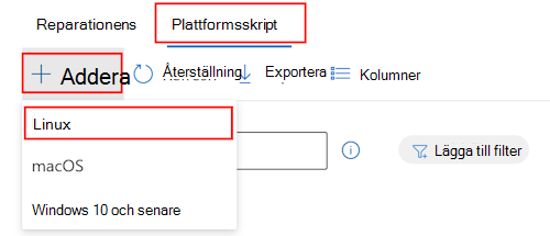 Skärmbild som visar hur du väljer enheter, skript, lägger till och väljer Linux i listrutan för att lägga till ett anpassat Bash-skript i Microsoft Intune.