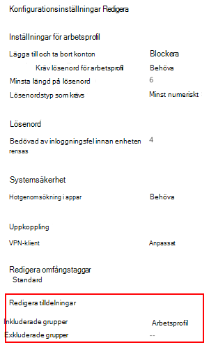 Skärmbild som visar hur du väljer tilldelningar för att distribuera profilen till användare och grupper i Microsoft Intune.