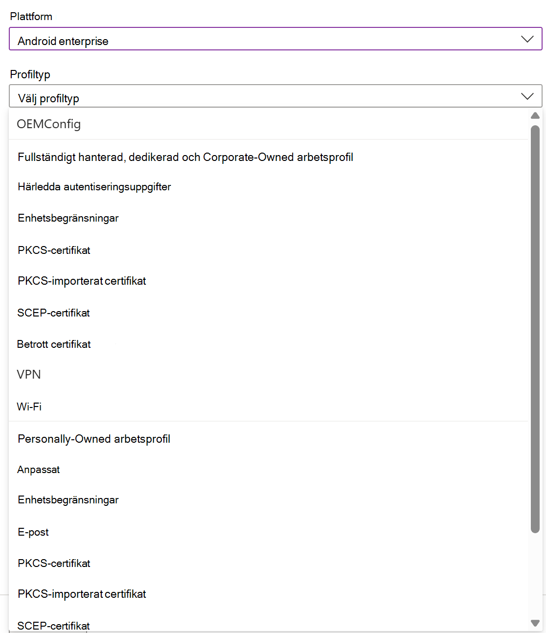 Skärmbild som visar hur du skapar en konfigurationsprincip och profil för iOS/iPadOS-enheter i Microsoft Intune.