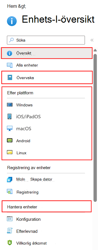 Skärmbild som visar hur du väljer Enheter för att se vad du kan konfigurera och hantera i Microsoft Intune.