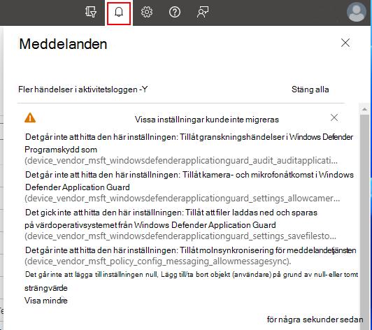 Skärmbild som visar meddelanden med ytterligare information när principen skapas i Microsoft Intune.