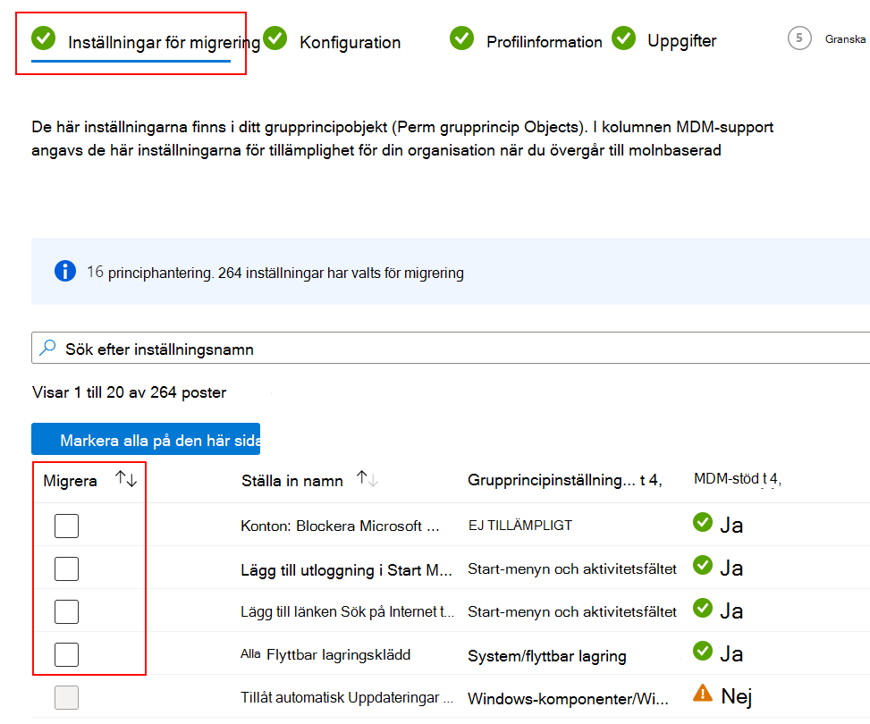 Skärmbild som visar de inställningar som ska migreras och hur du markerar kryssrutan Migrera i Microsoft Intune.