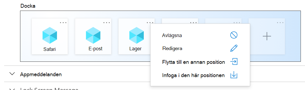 Exempel på dockningsinställningar för iOS/iPadOS-startskärmslayout i Microsoft Intune