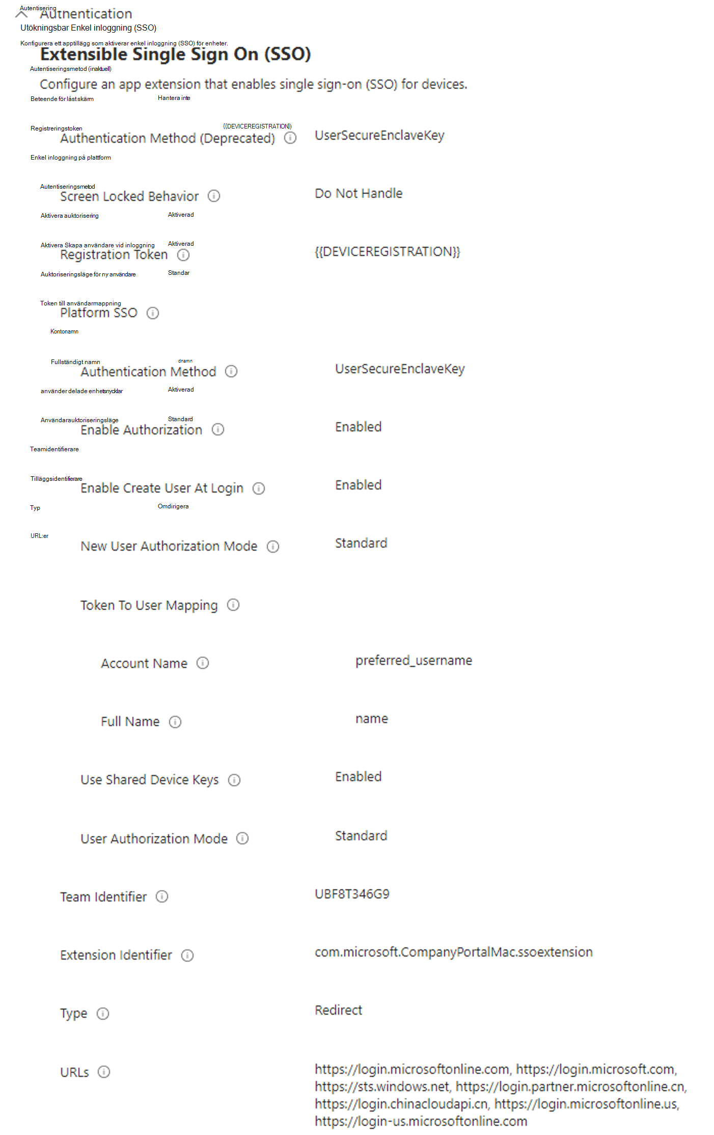 Skärmbild som visar de rekommenderade inställningarna för plattforms-SSO i en Intune MDM-profil.