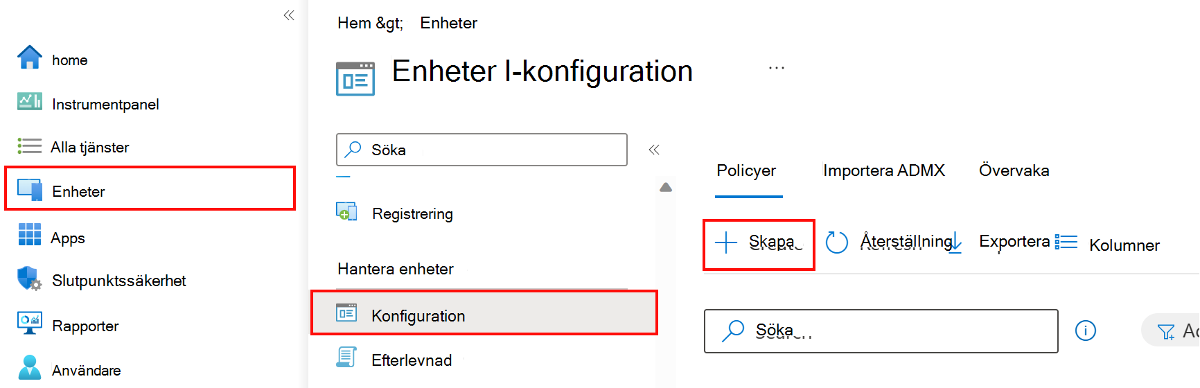 Skapa en ny enhetskonfigurationsprofil i Microsoft Intune med hjälp av Intune administrationscenter.