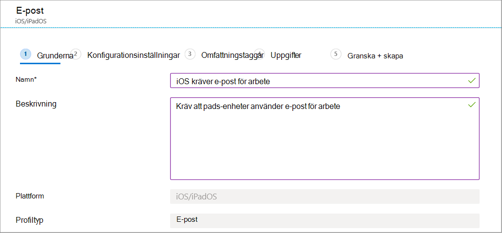 Skapa en e-postenhetskonfigurationsprofil för iOS/iPadOS-enheter i Microsoft Intune och Intune administrationscenter.
