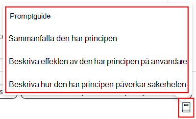 Skärmbild som visar guiden för Principprompt för Copilot och en lista över tillgängliga frågor i inställningskatalogen i Microsoft Intune och Intune administrationscenter.