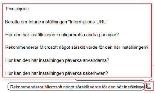 Skärmbild som visar snabbguiden för Copilot-inställningar och en lista över tillgängliga frågor i inställningskatalogen i Microsoft Intune och Intune administrationscenter.