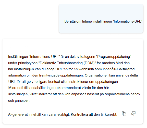 Skärmbild som visar Copilot som ger mer detaljerad information om alla inställningar i inställningskatalogen i Microsoft Intune och Intune administrationscenter.