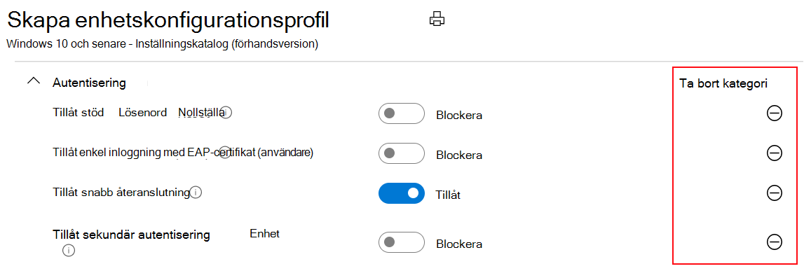 Skärmbild som visar inställningskatalogen och att standardvärdena i Microsoft Intune och Intune administrationscenter är samma som standardvärdena för operativsystemet.