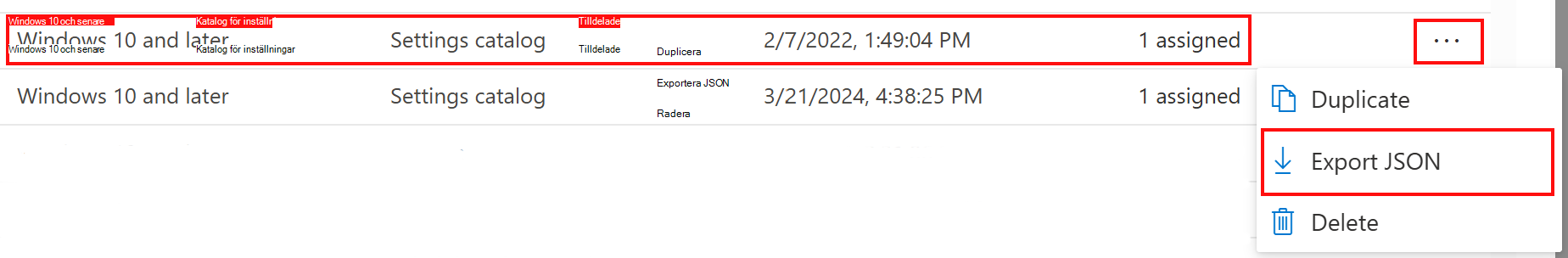 Skärmbild som visar hur du exporterar en princip för inställningskatalog som JSON i Microsoft Intune och Intune administrationscenter.