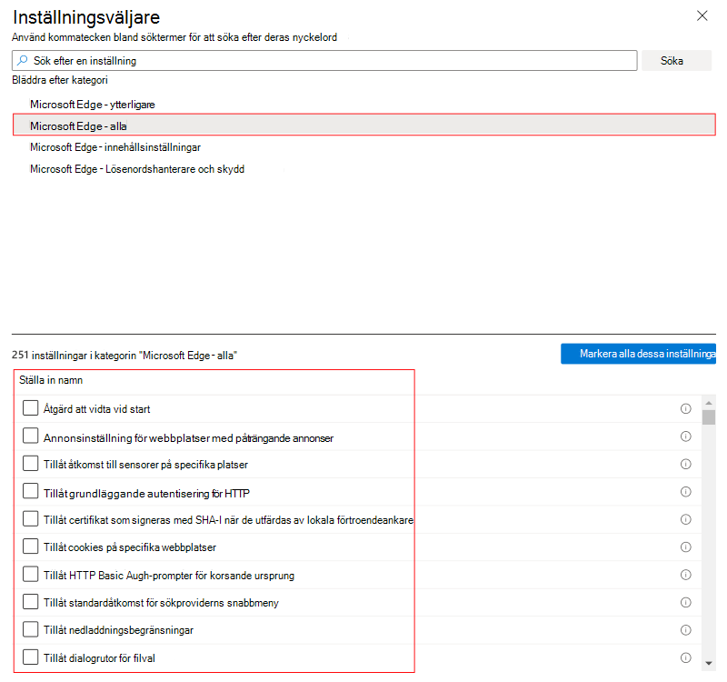 Skärmbild som visar inställningskatalogen när du väljer macOS och väljer en funktion eller kategori i Microsoft Intune och Intune administrationscenter.