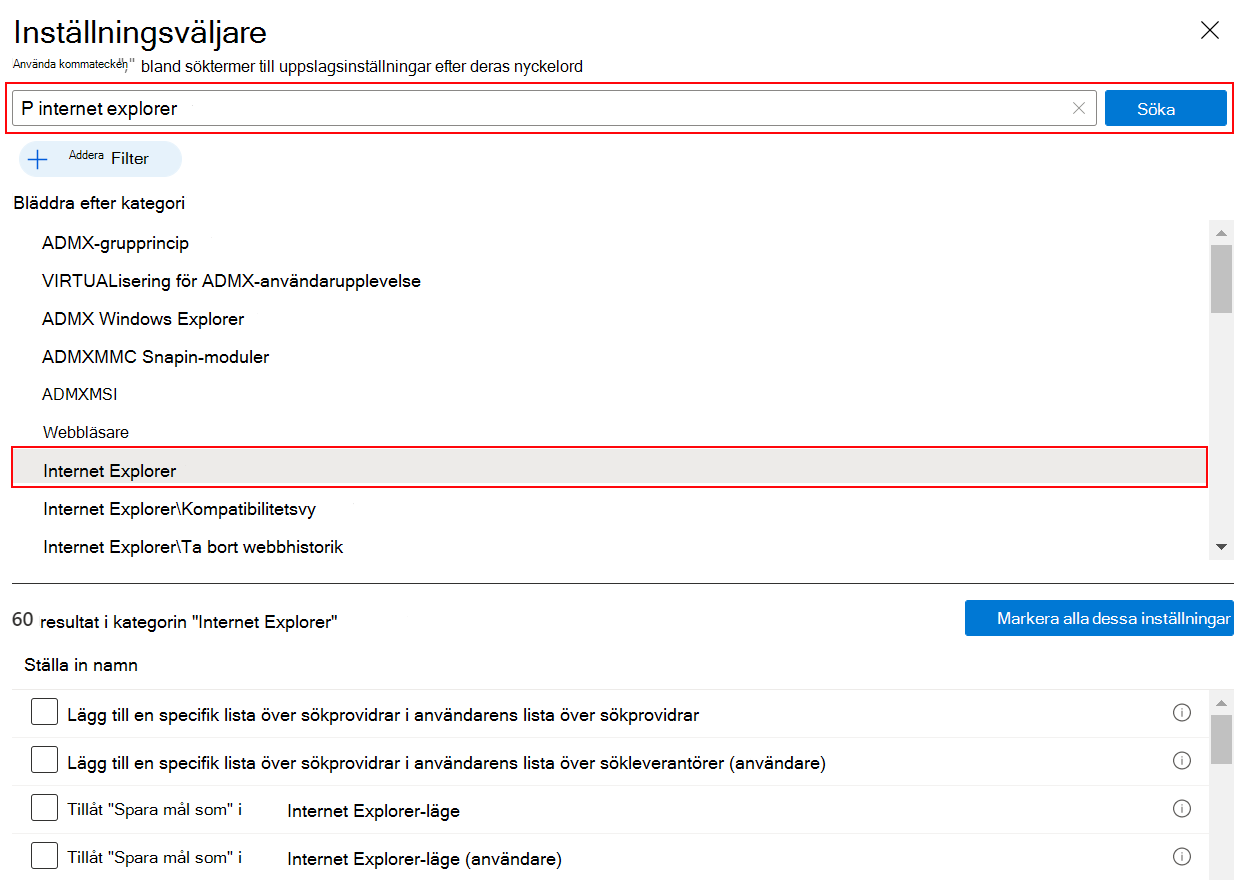 Skärmbild som visar inställningskatalogen när du söker efter Internet Explorer för att se alla Internet Explorer-inställningar i Microsoft Intune och Intune administrationscenter.