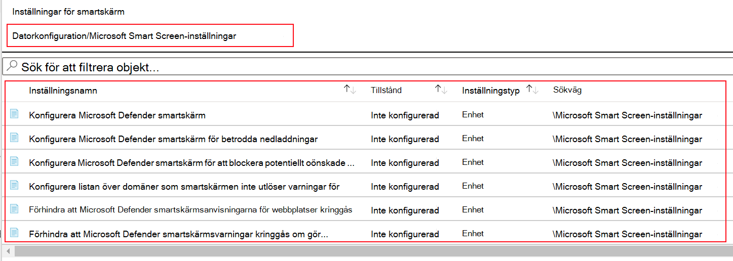 Skärmbild som visar hur du ser Principinställningar för Microsoft Edge SmartScreen i ADMX-mallar i Microsoft Intune.