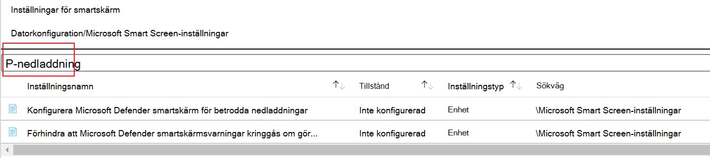 Skärmbild som visar hur du filtrerar principinställningarna för Microsoft Edge SmartScreen i en Microsoft Intune ADMX-mall.