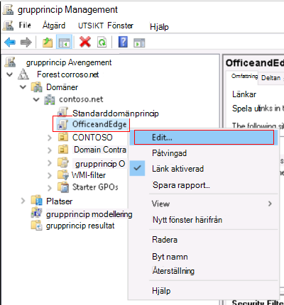 Skärmbild som visar hur du högerklickar på den lokala Grupprincipen för Office och Microsoft Edge ADMX och väljer Redigera.