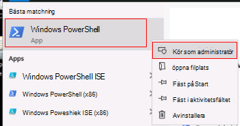 Skärmbild som visar hur du kör Windows PowerShell som administratör.