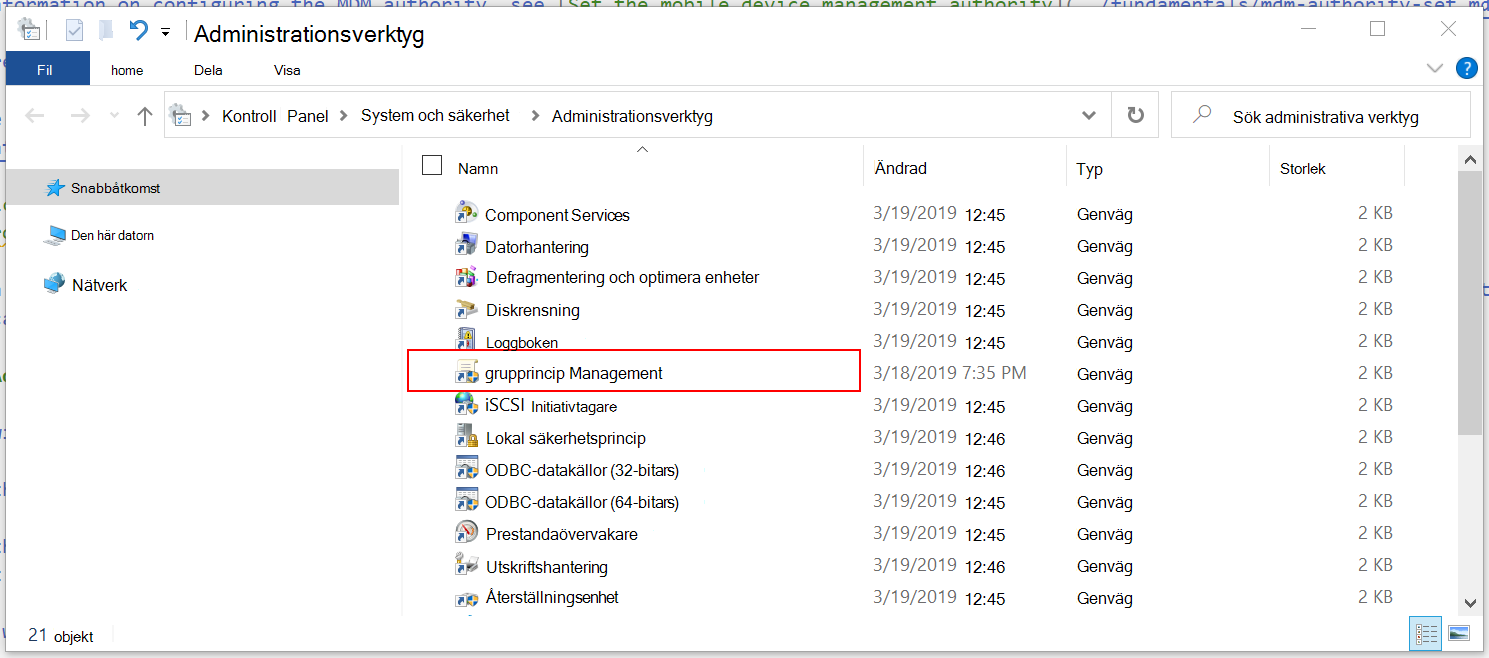 Skärmbild som visar windows administrationsverktygsappar, inklusive grupprincip Management-appen.