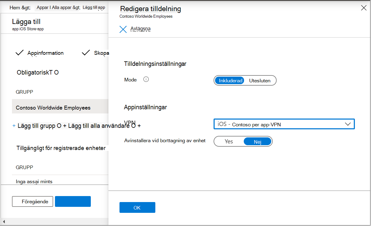 Två skärmbilder som visar hur du tilldelar en app till VPN-profilen per app i Microsoft Intune och Intune administrationscenter.