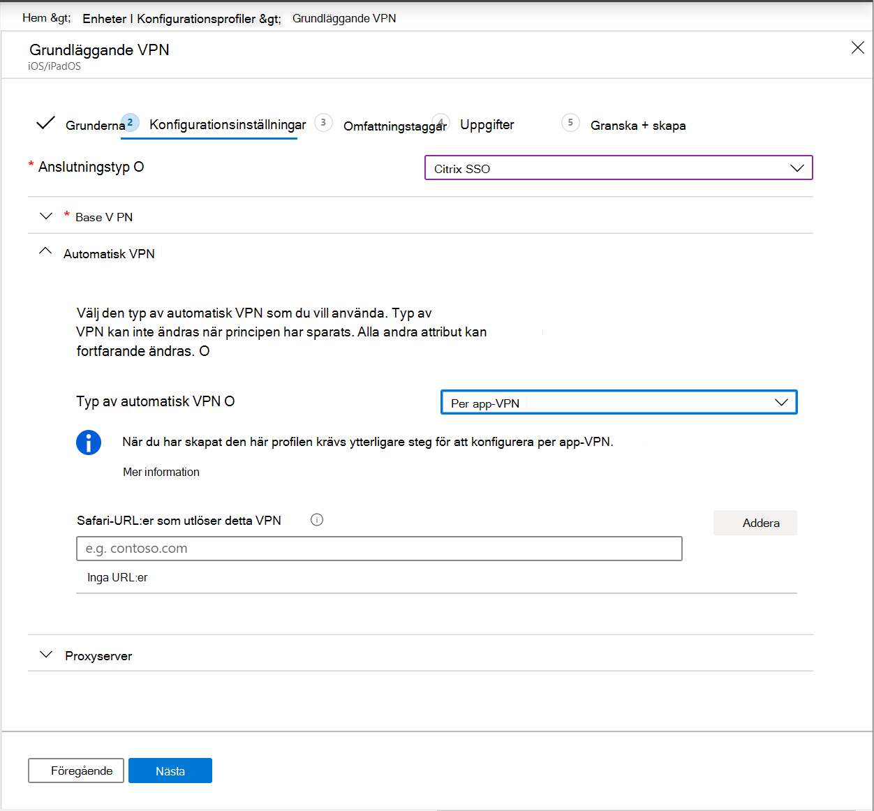 Skärmbild som visar automatisk VPN inställd på per app-VPN på iOS/iPadOS-enheter i Microsoft Intune.