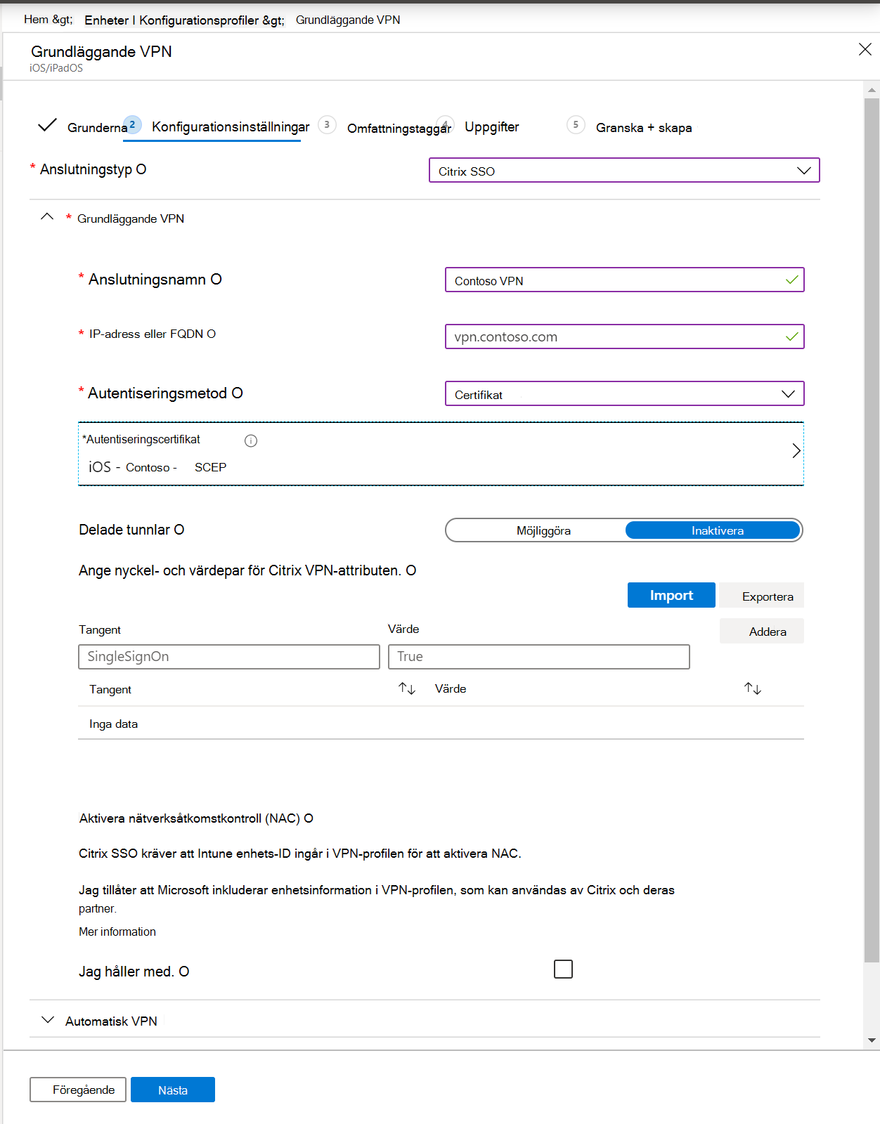 Skärmbild som visar en VPN-profil per app, IP-adress eller FQDN, autentiseringsmetod och delade tunnlar i Microsoft Intune och Intune administrationscenter.