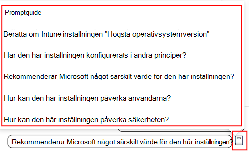 Skärmbild som visar promptguiden för Copilot när du lägger till en inställning i en efterlevnadsprincip i Microsoft Intune och Administrationscenter för Intune.