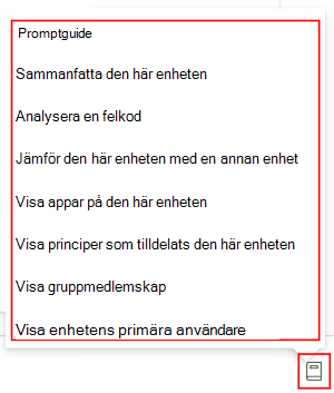 Skärmbild som visar promptguiden för Copilot när du har valt en enhet i Microsoft Intune eller Administrationscenter för Intune.