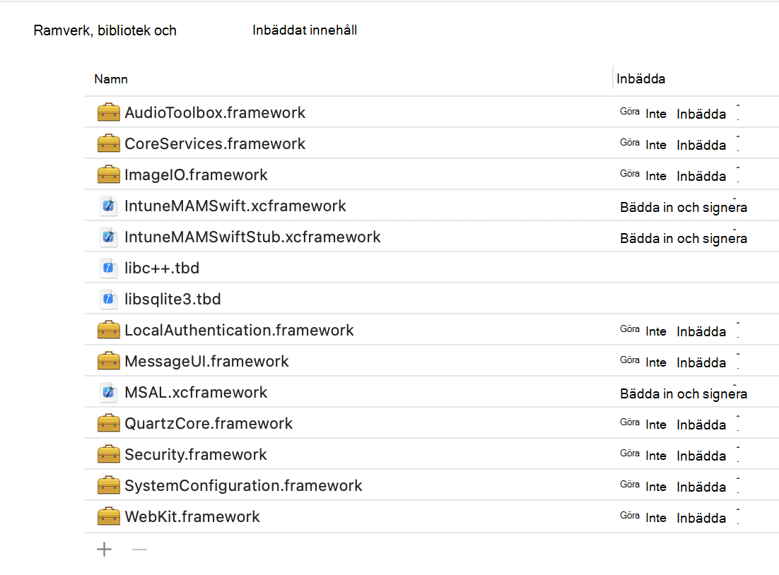 Intune App SDK iOS Framework: Xcode Frameworks, Libraries och Embedded Content sample