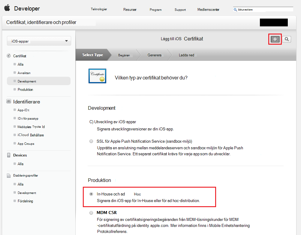 Välj In-House och ad hoc-certifikat