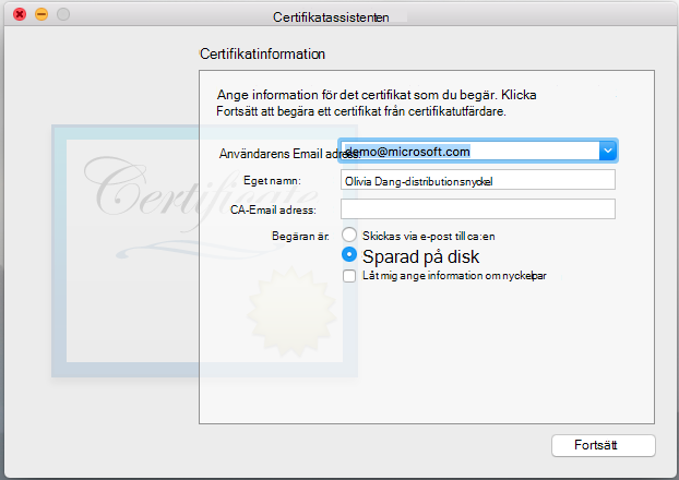Ange information för certifikatet som du begär