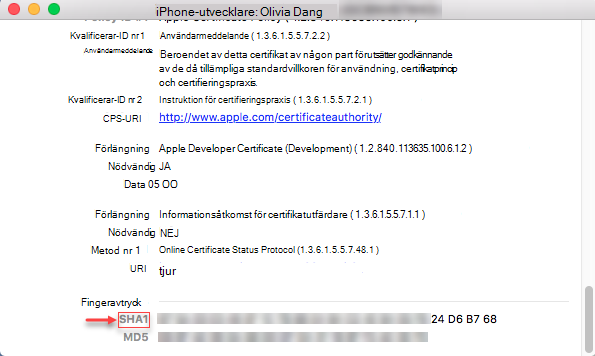 iPhone-information – Sha1-sträng med fingeravtryck