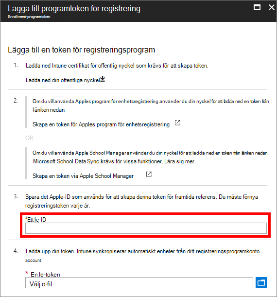 Exempel på skärmbild som visar det Apple-ID som används för att skapa token för registreringsprogram och bläddra till token för registreringsprogram.