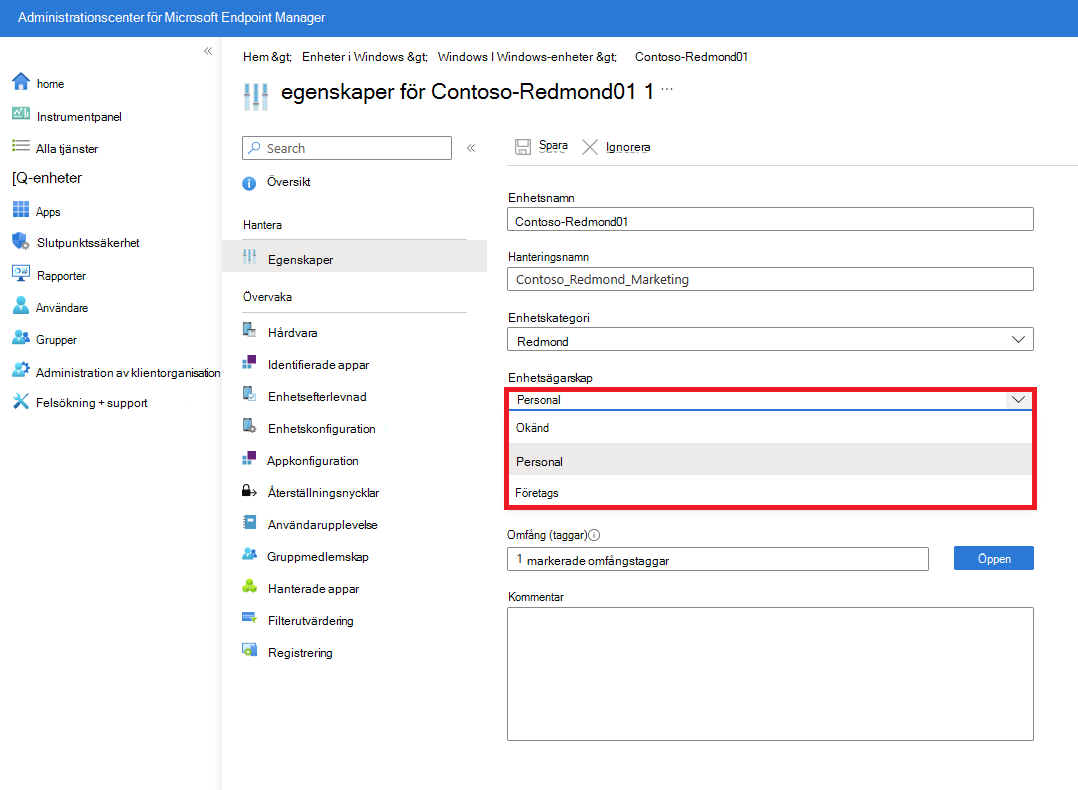 Skärmbild av egenskaperna för hanterade enheter som visar alternativ för Enhetskategori och Enhetsägarskap.