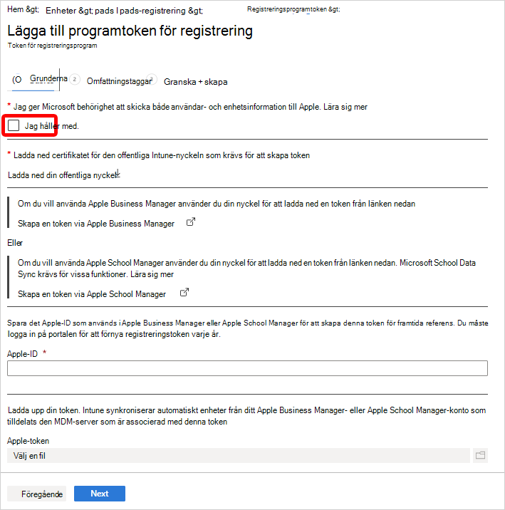 Skärmbild som visar skärmen Lägg till token för registreringsprogram.