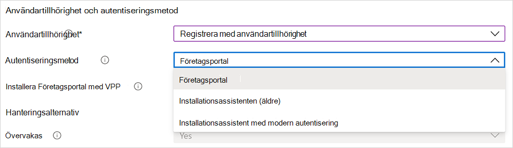 Skärmbild av alternativ för autentiseringsmetod.