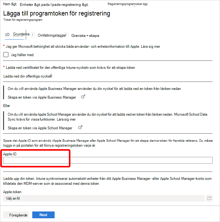 Skärmbild som visar fältet Apple-ID i fönstret Lägg till programtoken för registrering. 