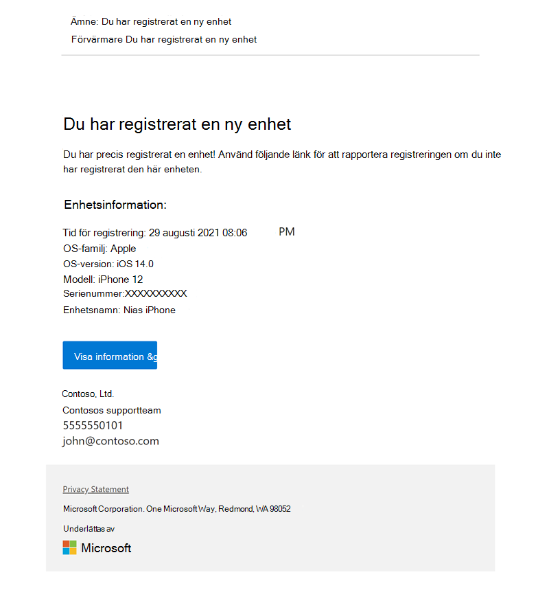 Exempelbild av ett registreringsmeddelande som konfigurerats i Intune, som meddelar mottagaren att en enhet med namnet *Nias iPhone har registrerats och innehåller HTML-element som fetstilt teckensnitt och en hyperlänk, enhetsinformation, kontaktinformation och sekretesspolicy.