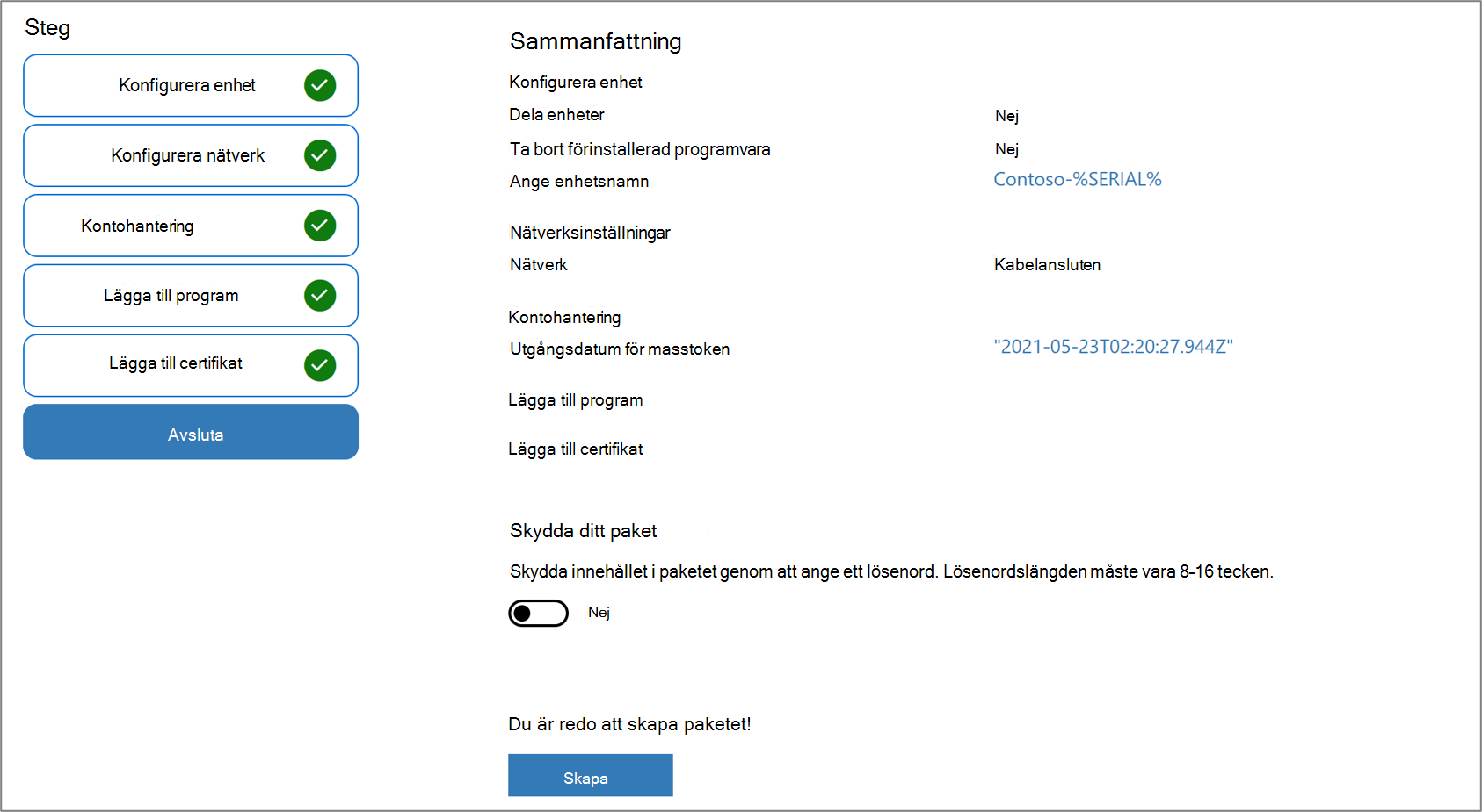 Skärmbild av paketskydd i Windows Configuration Designer-appen