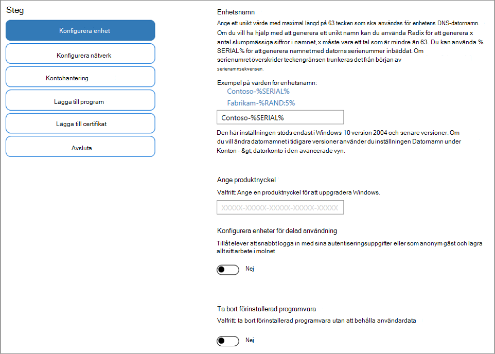 Skärmbild av att ange namn och produktnyckel i Windows Configuration Designer-appen