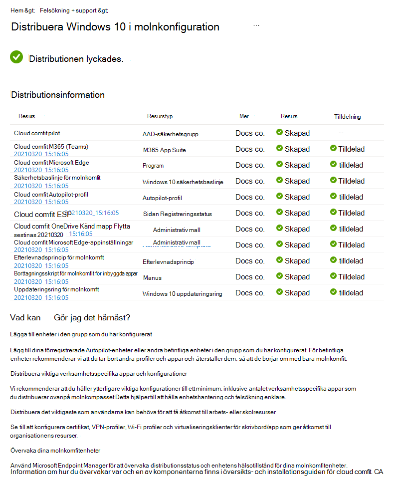 Skärmbild som visar hur du granskar distributionsstatusen Windows 10/11 i molnkonfigurationen i Microsoft Intune.