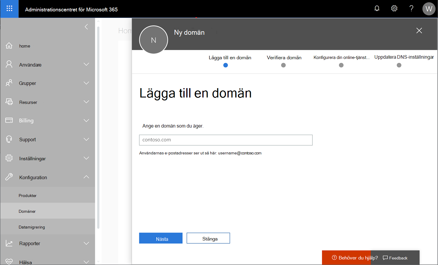 Skärmbild av Administrationscenter för Microsoft 365 med inställningsdomäner > markerade och ett nytt domännamn som läggs till