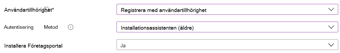 I Intune administrationscenter och Microsoft Intune registrerar du iOS/iPadOS-enheter med hjälp av automatisk enhetsregistrering (ADE). Välj Registrera med användartillhörighet, använd installationsassistenten för autentisering och installera Företagsportal-appen.