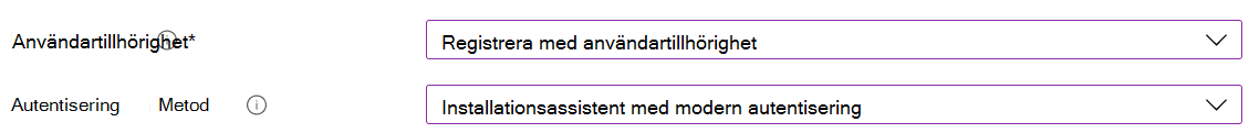 I Intune administrationscenter och Microsoft Intune registrerar du iOS/iPadOS-enheter med hjälp av automatisk enhetsregistrering (ADE). Välj Registrera med användartillhörighet och använd installationsassistenten för autentisering. Appen Företagsportal installeras automatiskt.