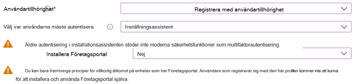 I Intune administrationscenter och Microsoft Intune registrerar du iOS/iPadOS-enheter med Hjälp av Apple Configurator. Välj Registrera med användartillhörighet, använd installationsassistenten för autentisering och installera inte appen Företagsportal.