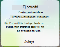 Skärmbild av iOS-appmeddelande om en ej betrodd företagsutvecklare.