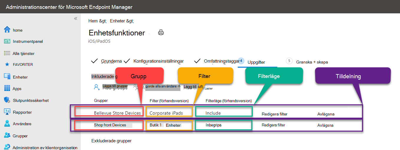 Skärmbild som visar en exempeltilldelningskonflikt när du använder filter i Microsoft Intune.