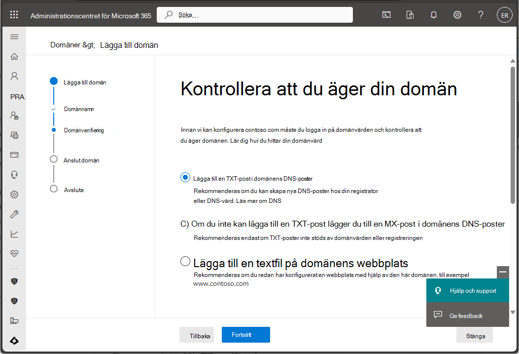 Skärmbild av administrationscentret för Microsoft 365 – Verifiera domän