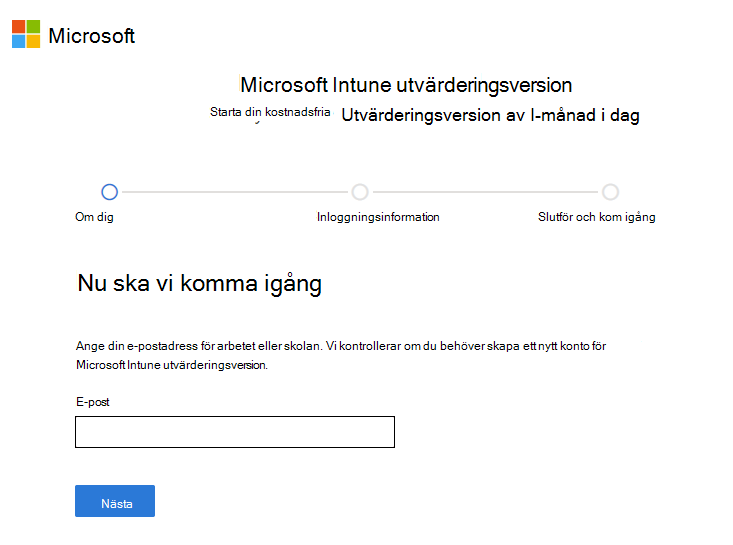 Skärmbild av Microsoft Intune konfigurera kontosida – Ange e-post