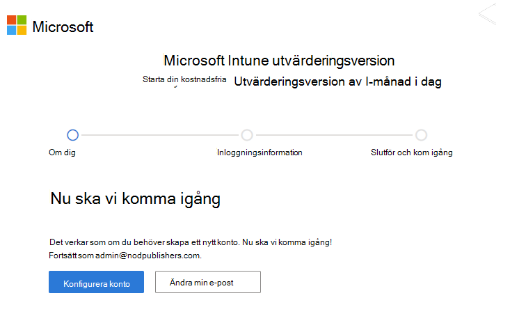 Skärmbild av sidan Microsoft Intune Konfigurera konto – Konfigurera konto